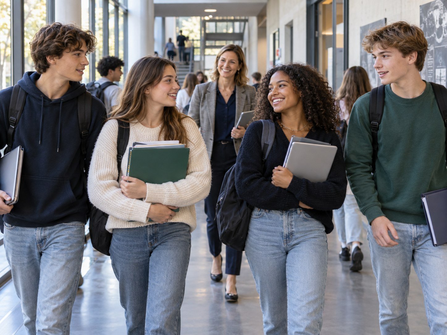 Des élèves du secondaire avancent ensemble dans un couloir de leur école